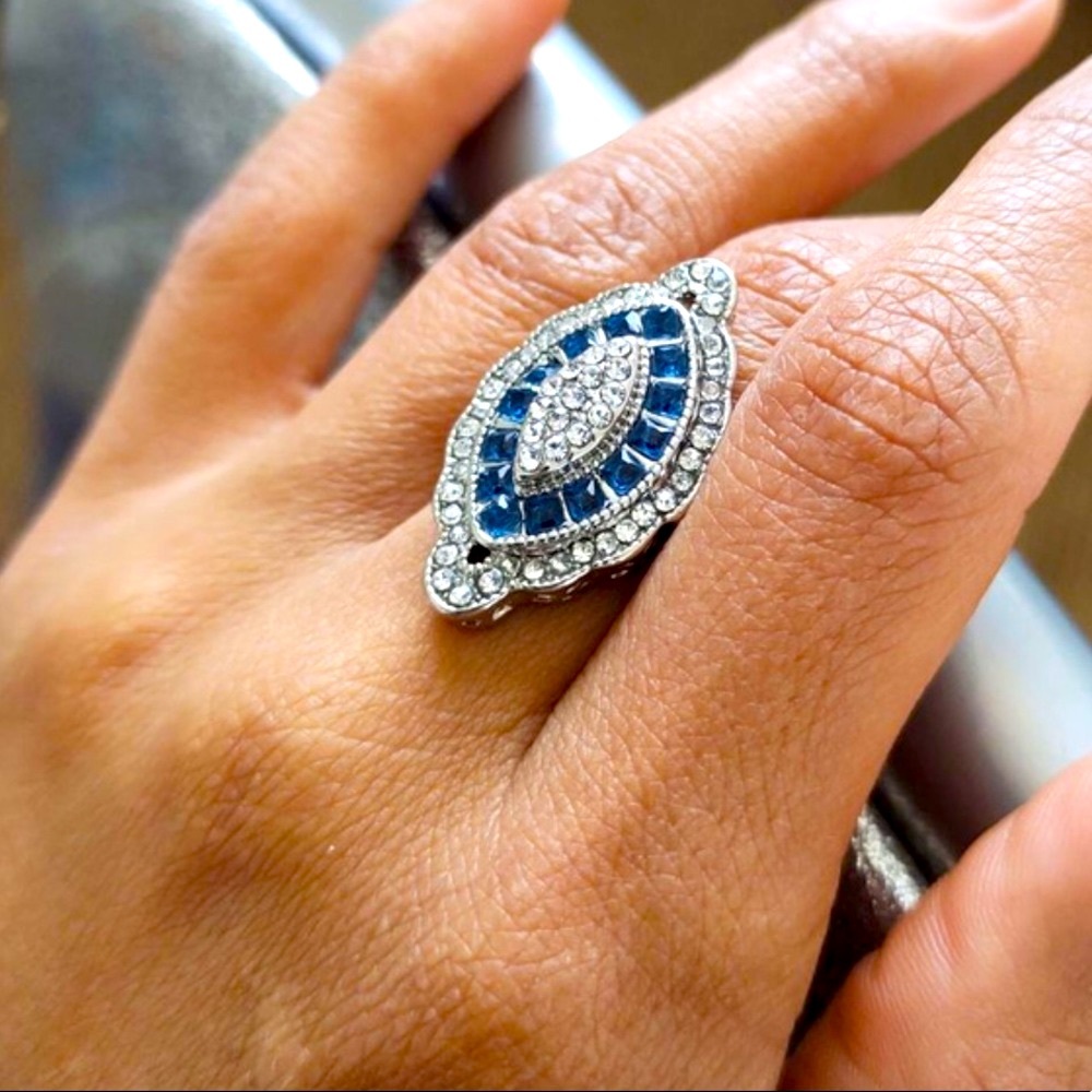 Silver Antique Art Deco Vintage Victorian Blue White Sapphire Topaz Ring size 5 - Picture 3 of 7